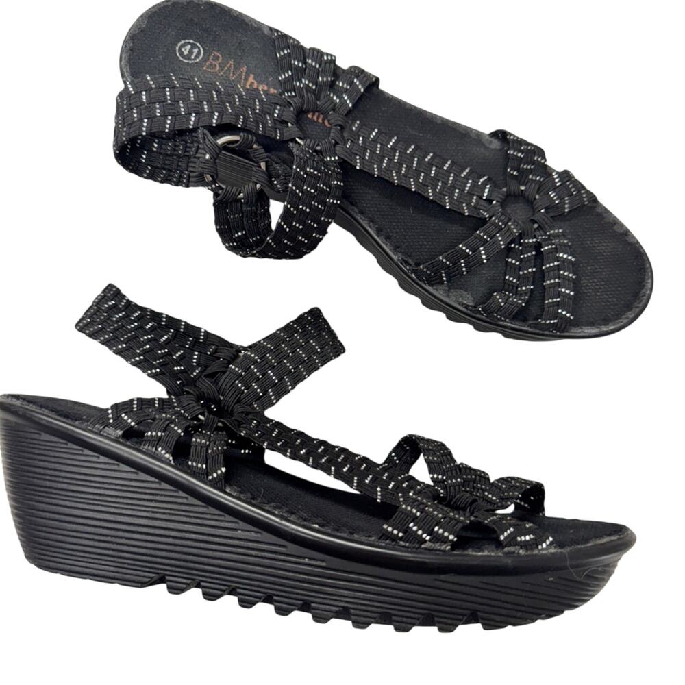 Bernie Mev Black Strappy Platform Wedge Sandals Womens 10.5 Beachy Casual Shoes